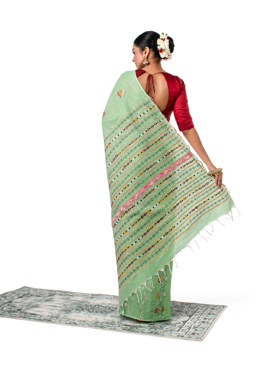 Light Green Exquisite Khesh Kantha Stitched Saree