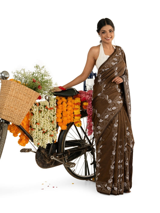 Coffee Brown Intricate Kantha Stitched Saree