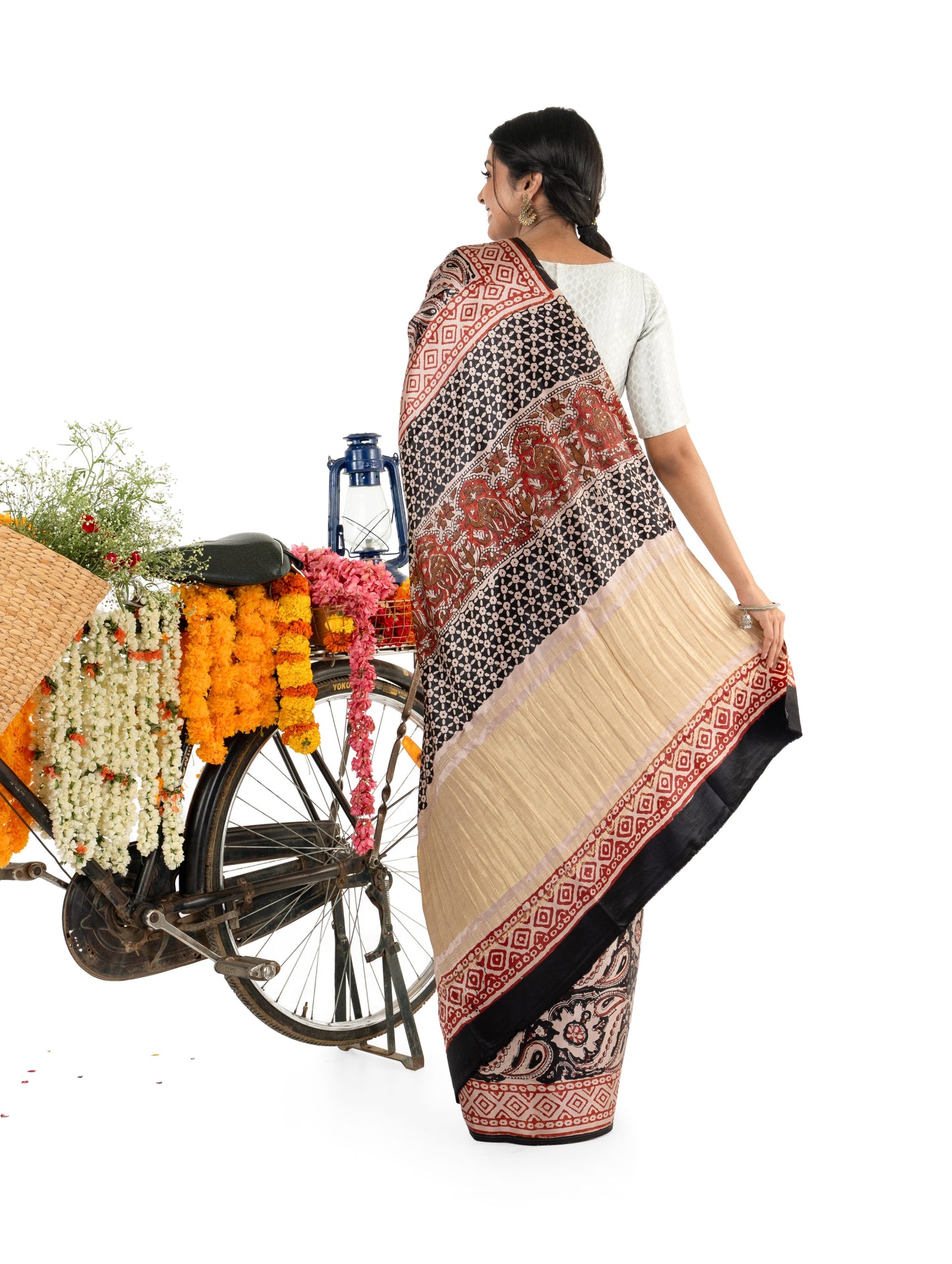 Beige and Black Gajji Silk Bagru Printed Saree