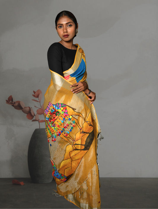 Yellow Linen Handpainted Saree with Applique work