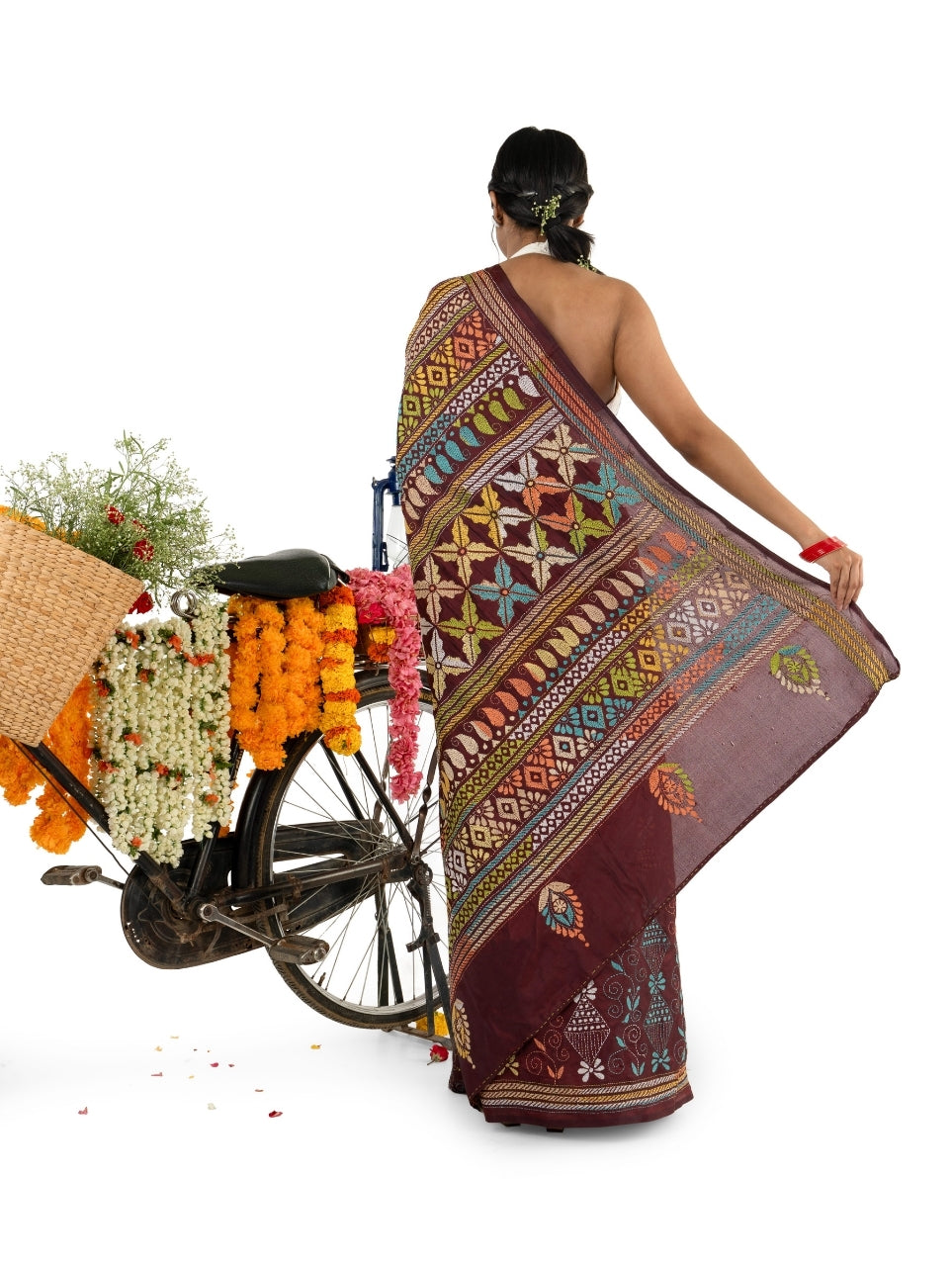 Dark Brown Exquisite Kantha Stitched Saree