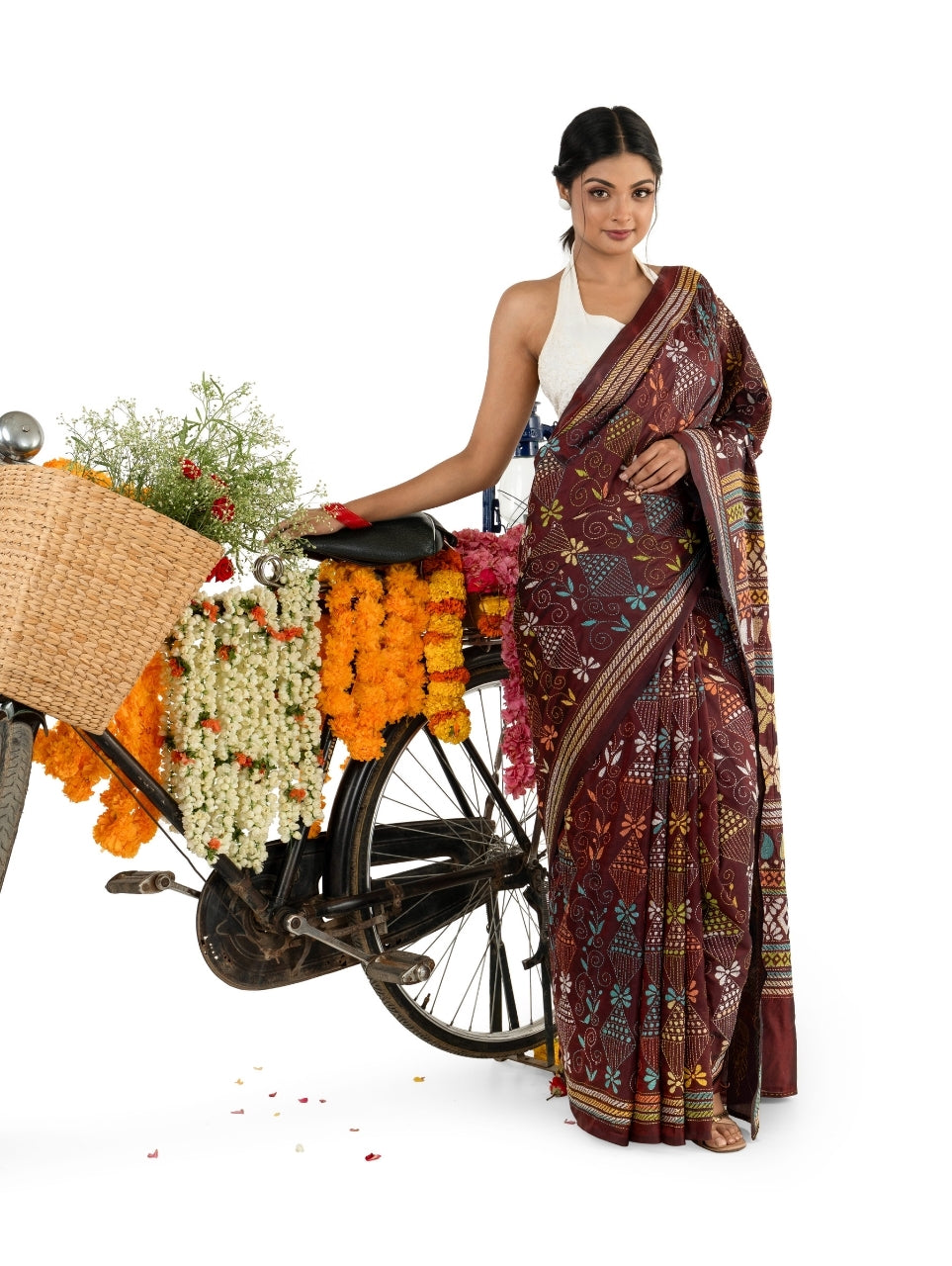 Dark Brown Exquisite Kantha Stitched Saree