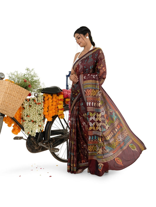 Dark Brown Exquisite Kantha Stitched Saree