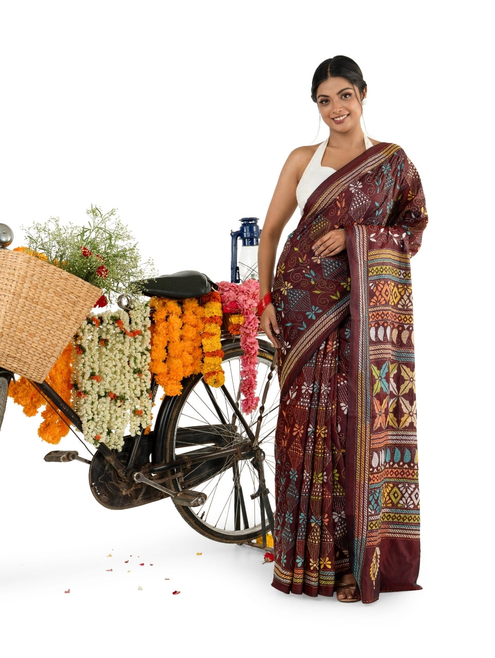 Dark Brown Exquisite Kantha Stitched Saree