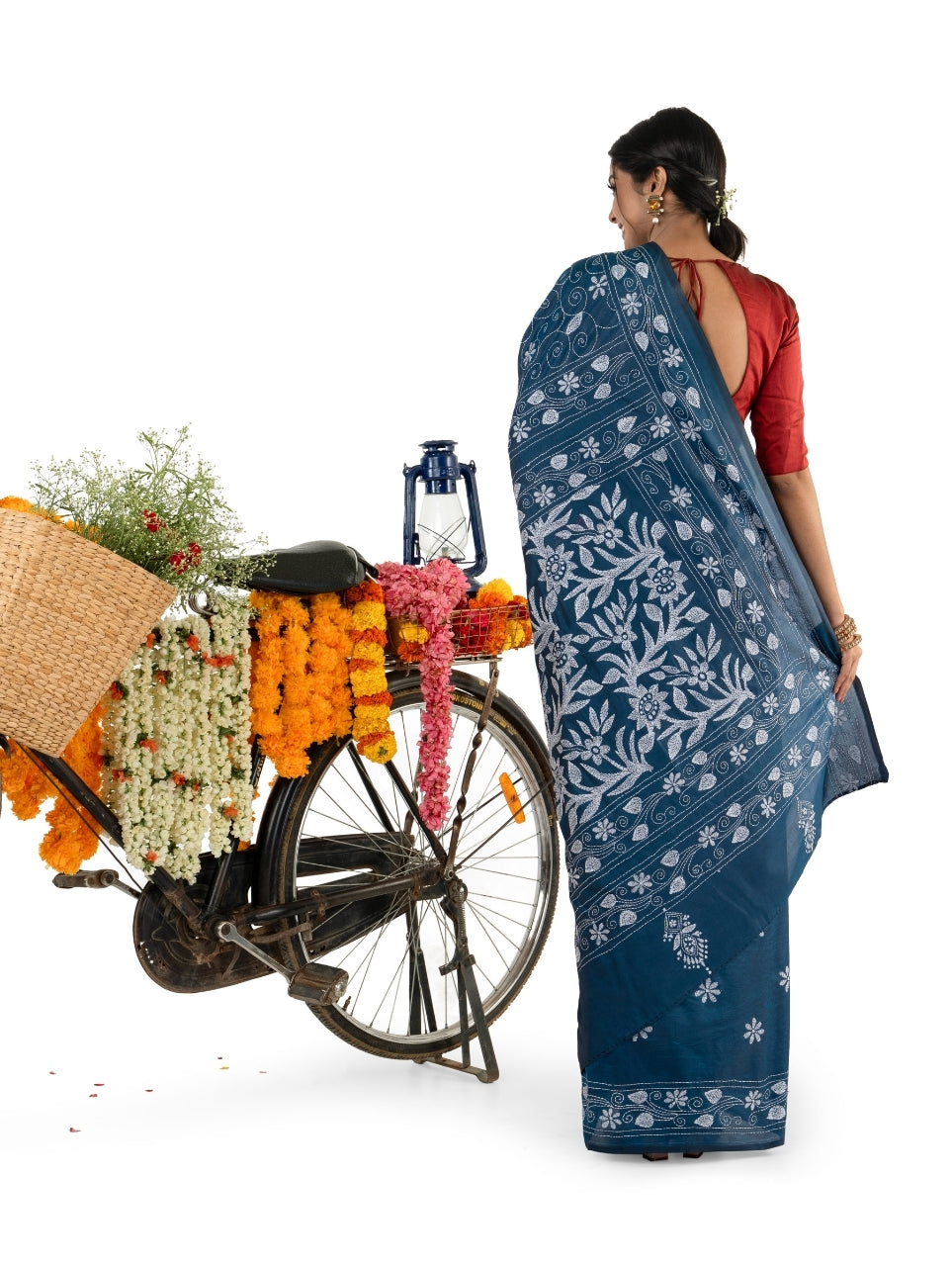 Peacock Blue with White coloured floral Kantha Stitched Saree