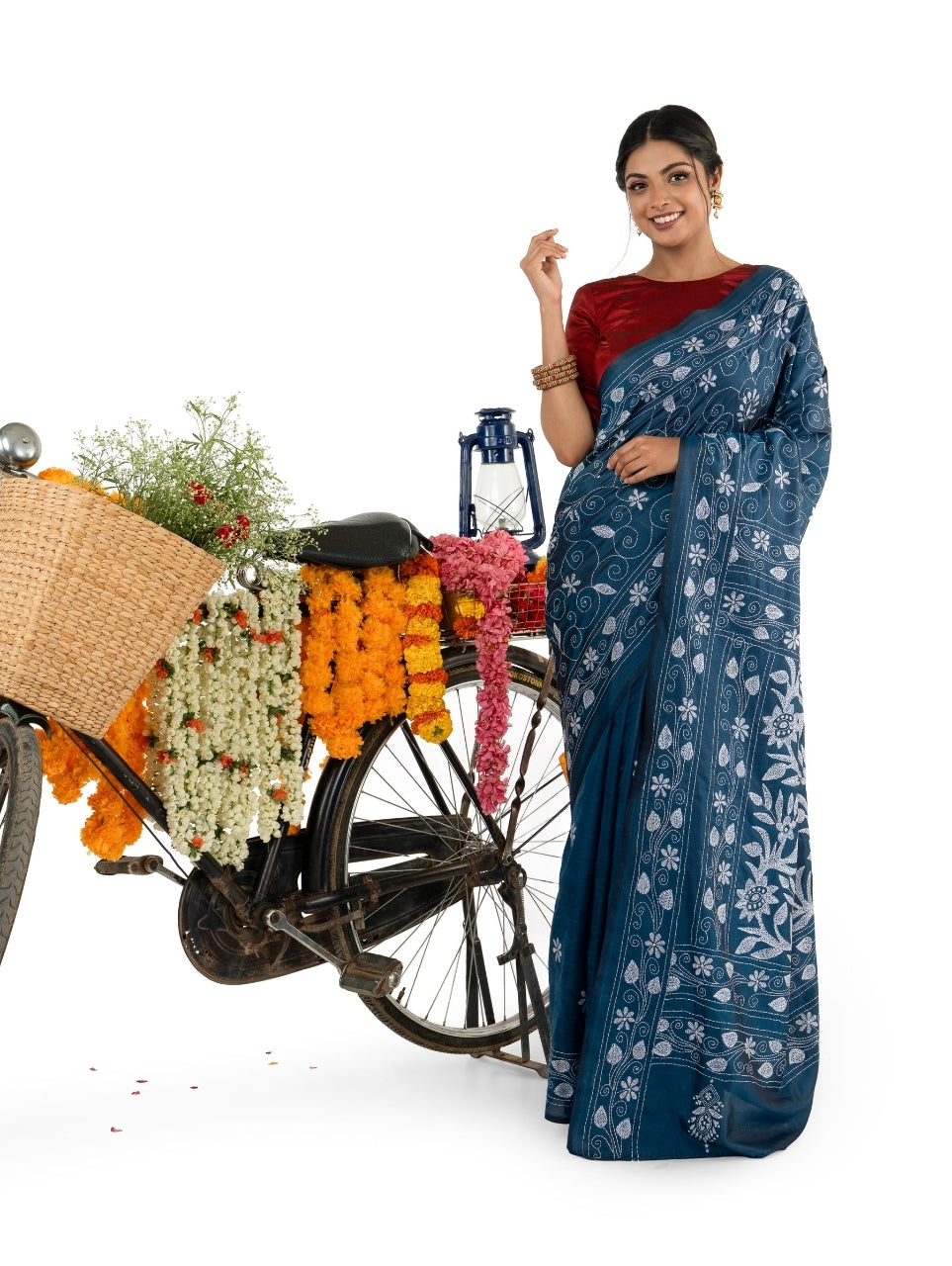 Peacock Blue with White coloured floral Kantha Stitched Saree