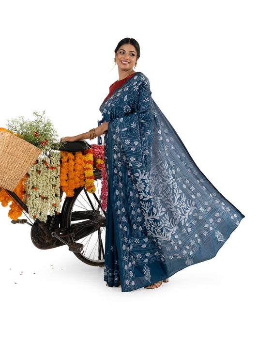 Peacock Blue with White coloured floral Kantha Stitched Saree