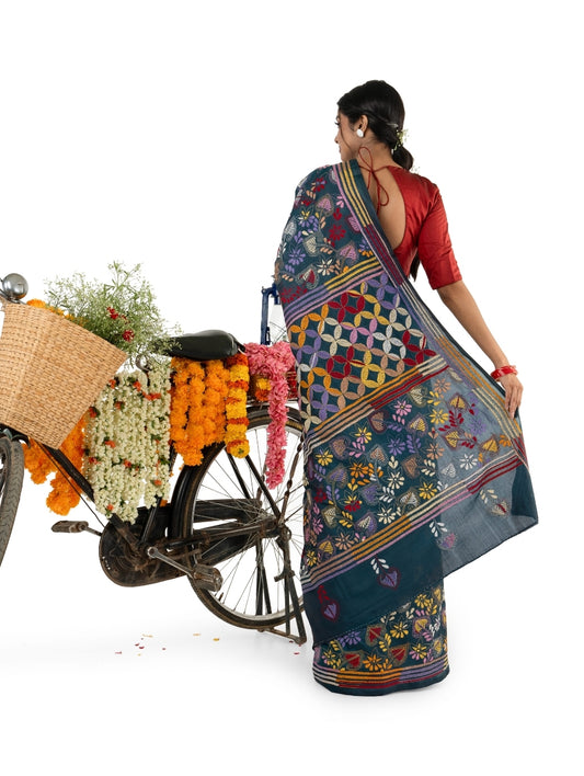 Dark Grey Multicoloured Exquisite Kantha Stitched Saree