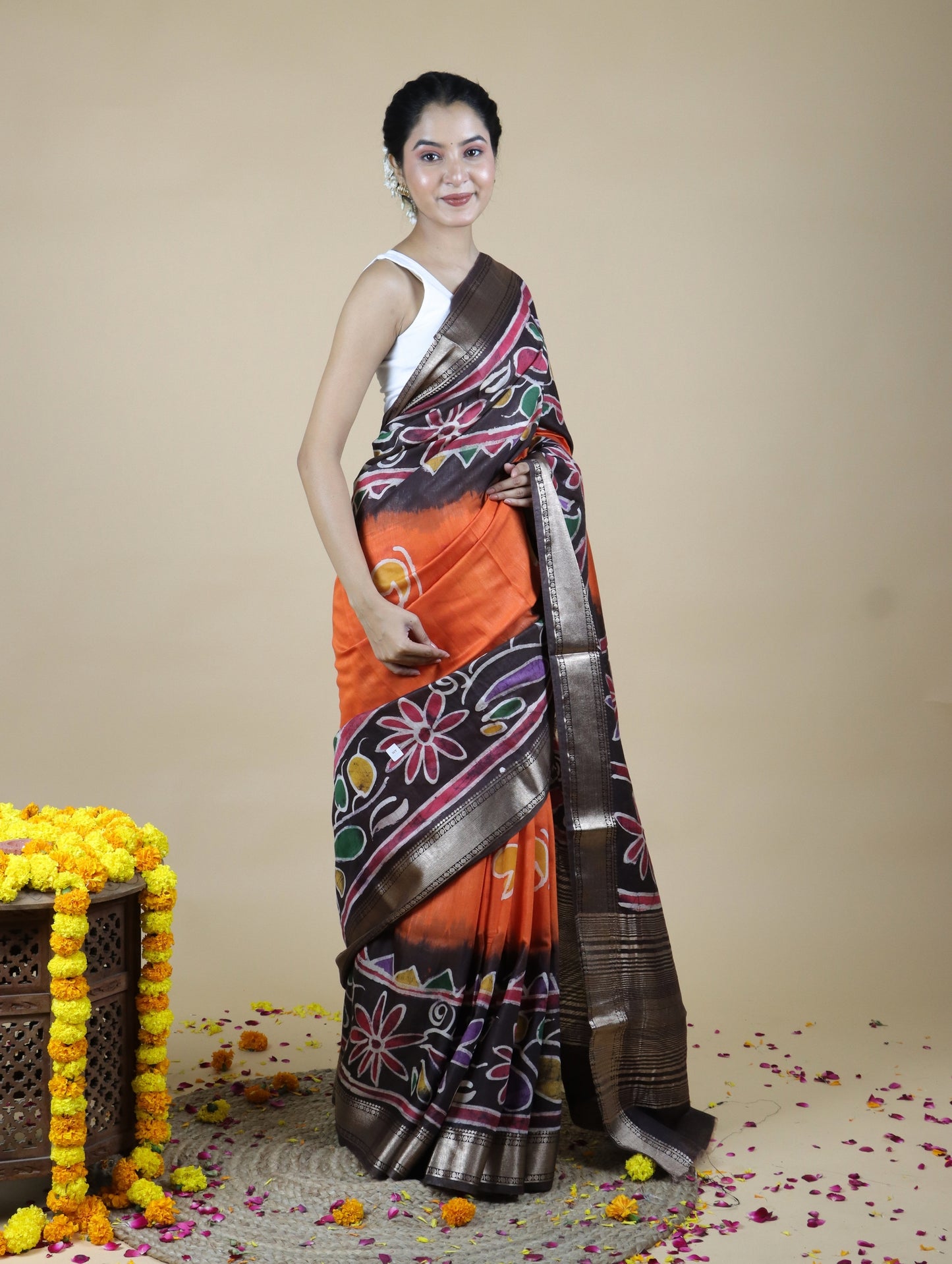 Orange and Brown Batik Print Maheshwari Silk Saree