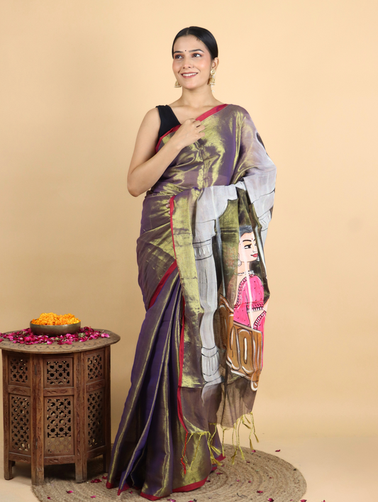 Raaga Golden Coloured Tissue Hand Painted Saree