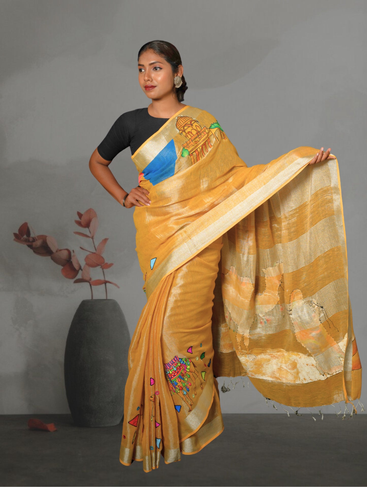 Yellow Linen Handpainted Saree with Applique work