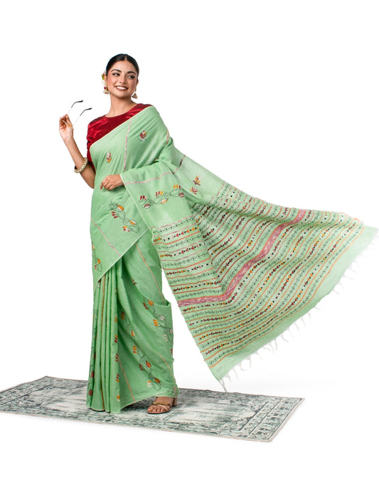 Light Green Exquisite Khesh Kantha Stitched Saree