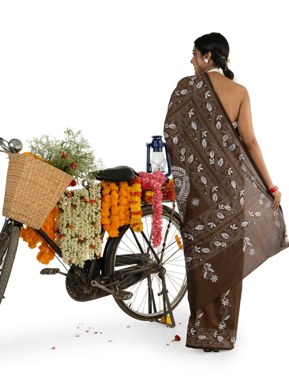 Coffee Brown Intricate Kantha Stitched Saree