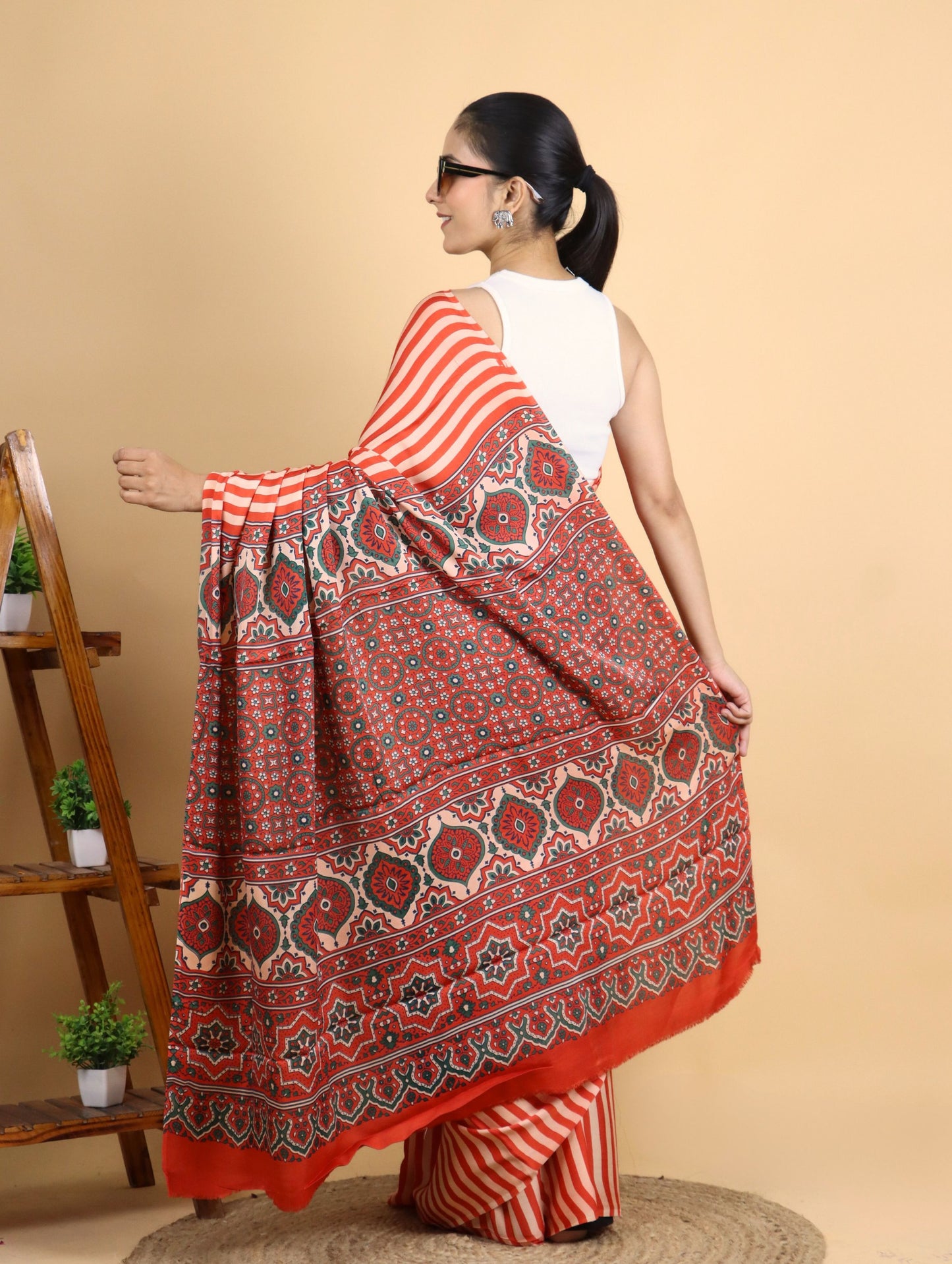 Orange Striped Ajrak Block Printed Modal Silk Saree