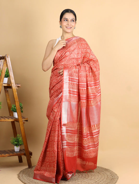 Orange Linen Block Printed Saree