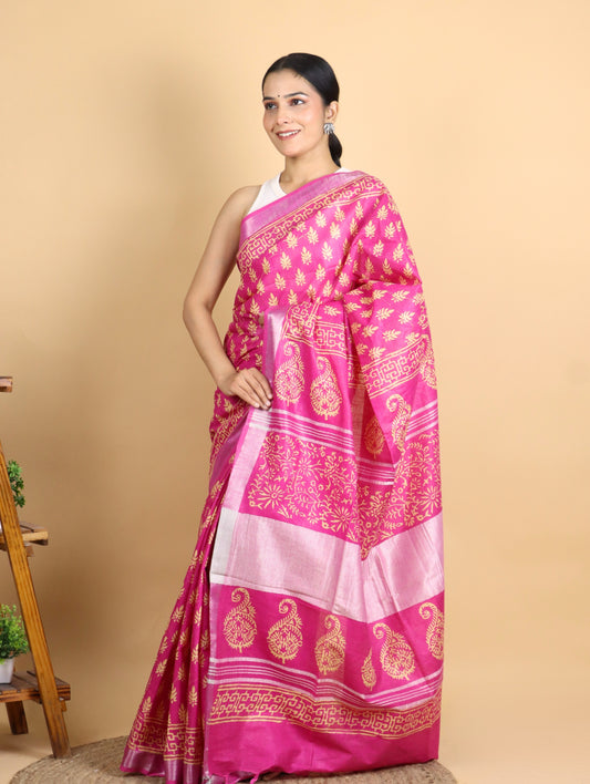 Pink Block Printed Cotton Linen Saree