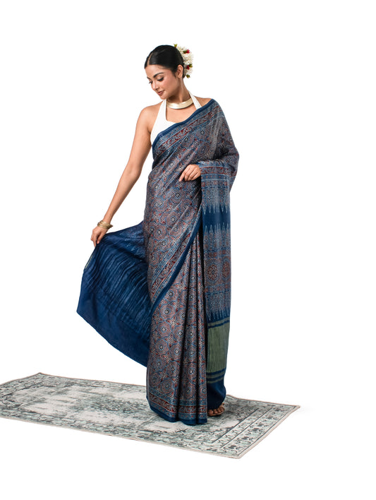 Ajrak Printed Gajji Silk Indigo Coloured Saree with Geometric Prints