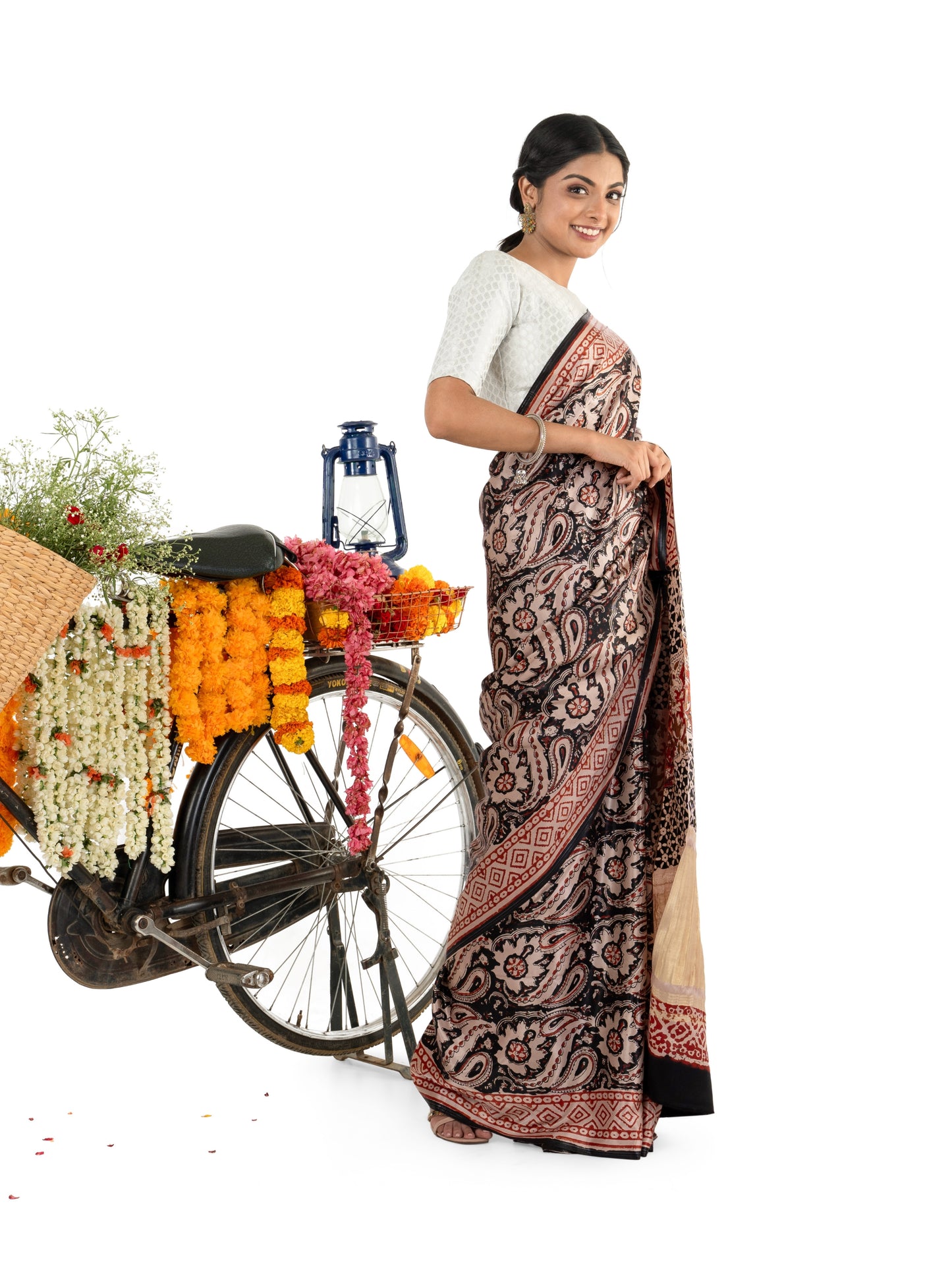Beige and Black Gajji Silk Bagru Printed Saree