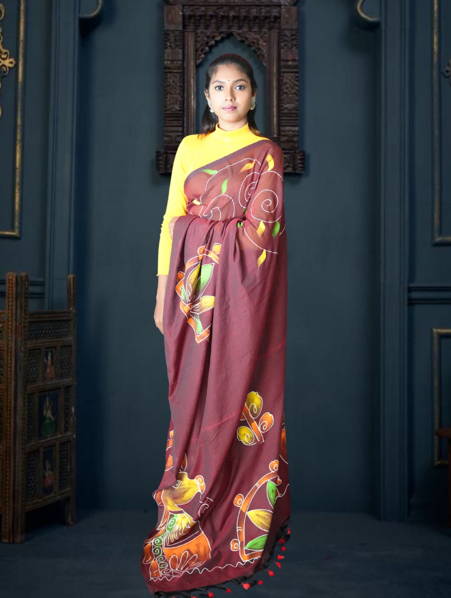 Maroon Handloom Handpainted Saree