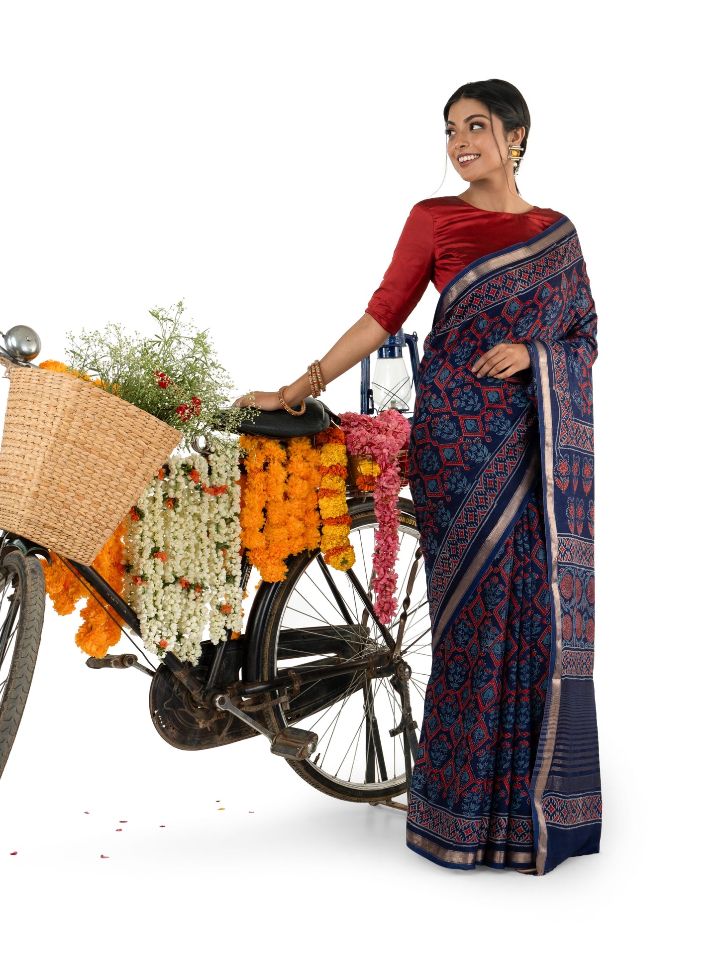 Dark Blue Art Silk Crepe with Naptol Block Printed Saree