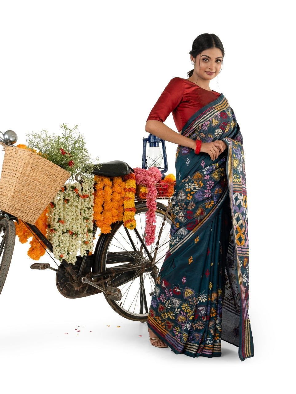 Dark Grey Multicoloured Exquisite Kantha Stitched Saree