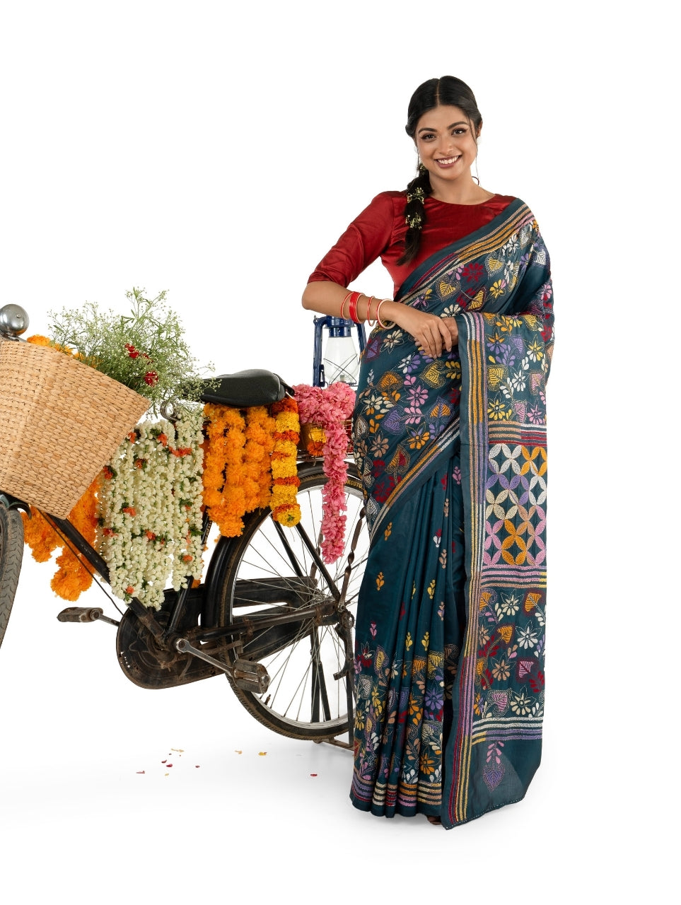 Dark Grey Multicoloured Exquisite Kantha Stitched Saree