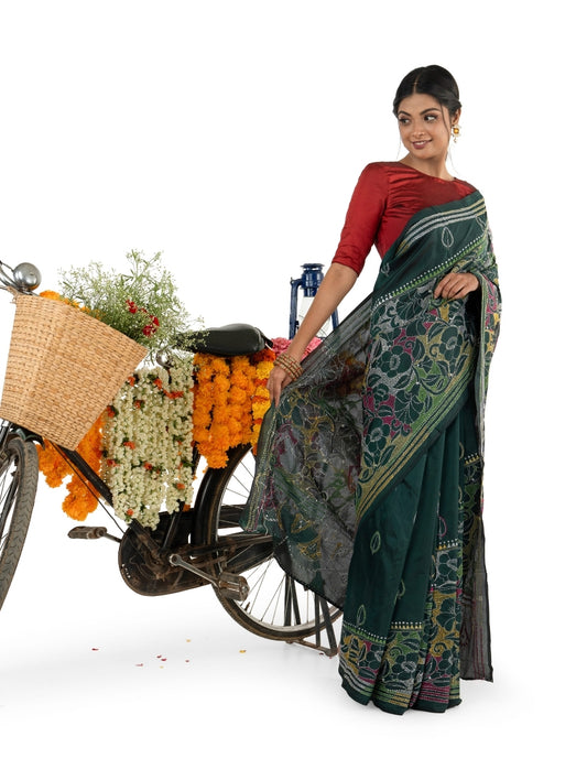 Green Reverse Multicoloured Kantha Stitched Saree
