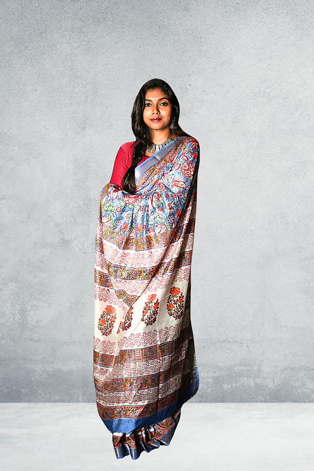 Blue Blended Maheshwari Silk With Flower Block Print