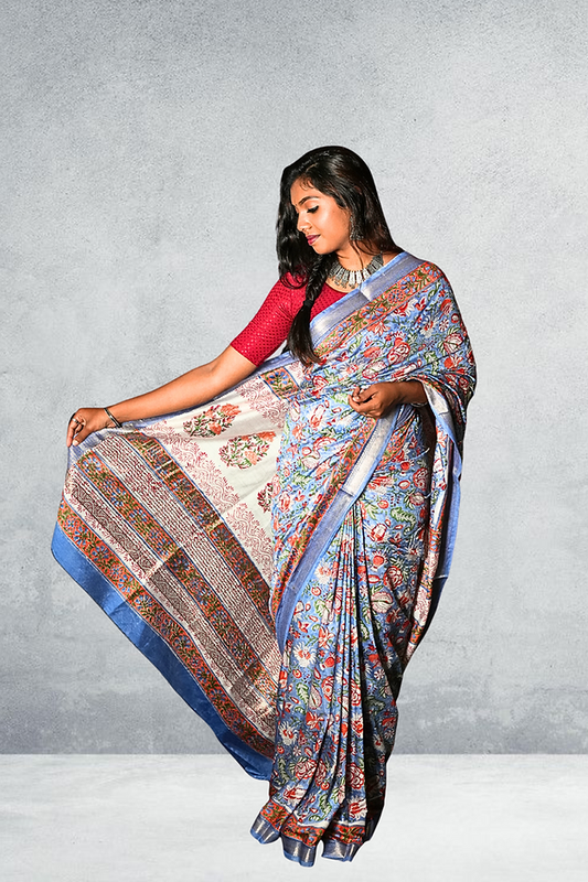 Blue Blended Maheshwari Silk With Flower Block Print