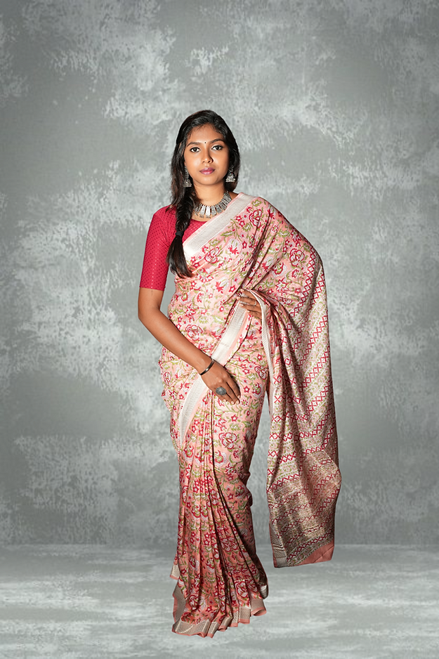 Peach Blended Maheshwari Silk Saree With Flower Block Print