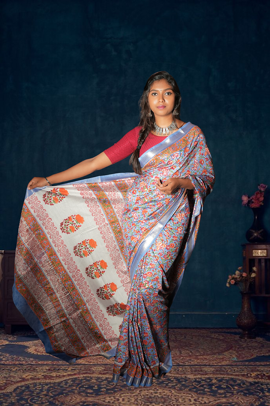 Blue Blended Maheshwari Silk Saree With Flower Block Print