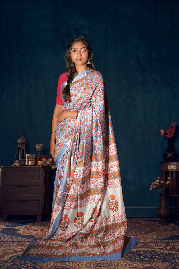Blue Blended Maheshwari Silk Saree With Flower Block Print