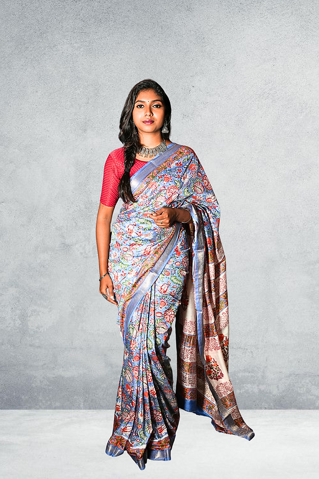 Blue Blended Maheshwari Silk With Flower Block Print