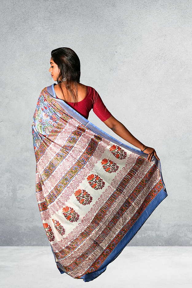 Blue Blended Maheshwari Silk With Flower Block Print