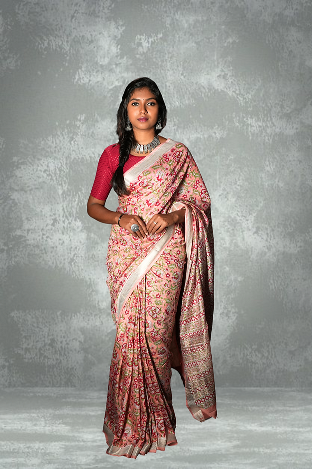 Peach Blended Maheshwari Silk Saree With Flower Block Print