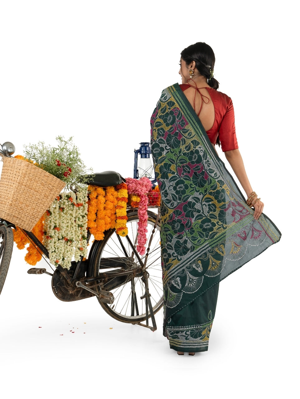 Green Reverse Multicoloured Kantha Stitched Saree