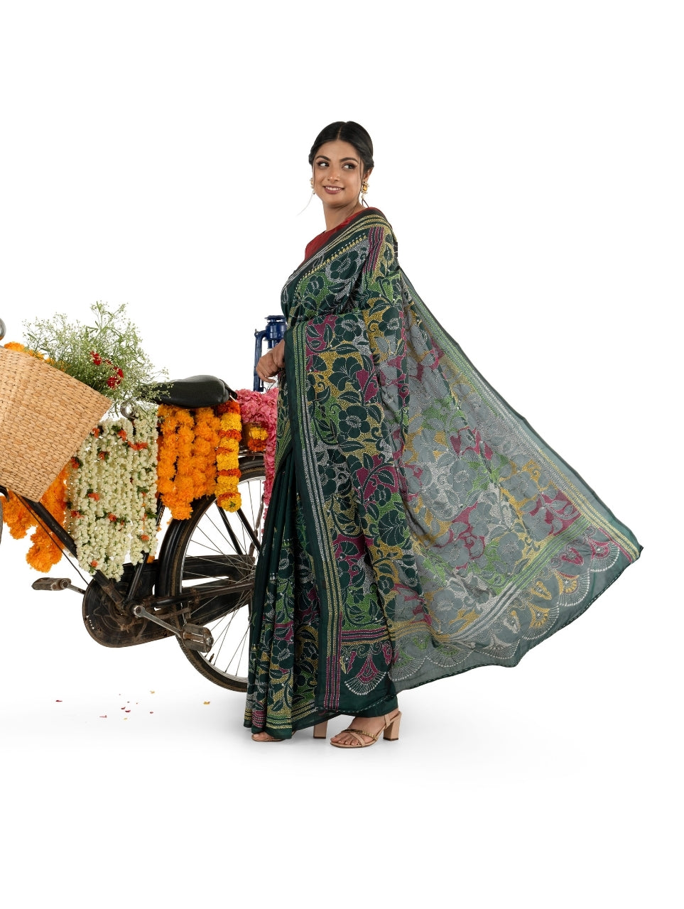 Green Reverse Multicoloured Kantha Stitched Saree