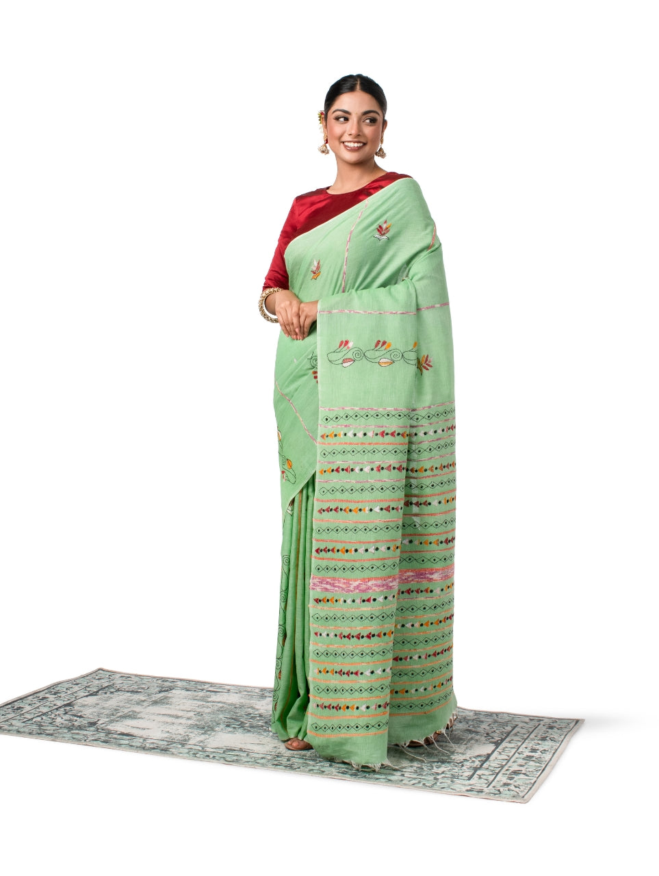 Light Green Exquisite Khesh Kantha Stitched Saree