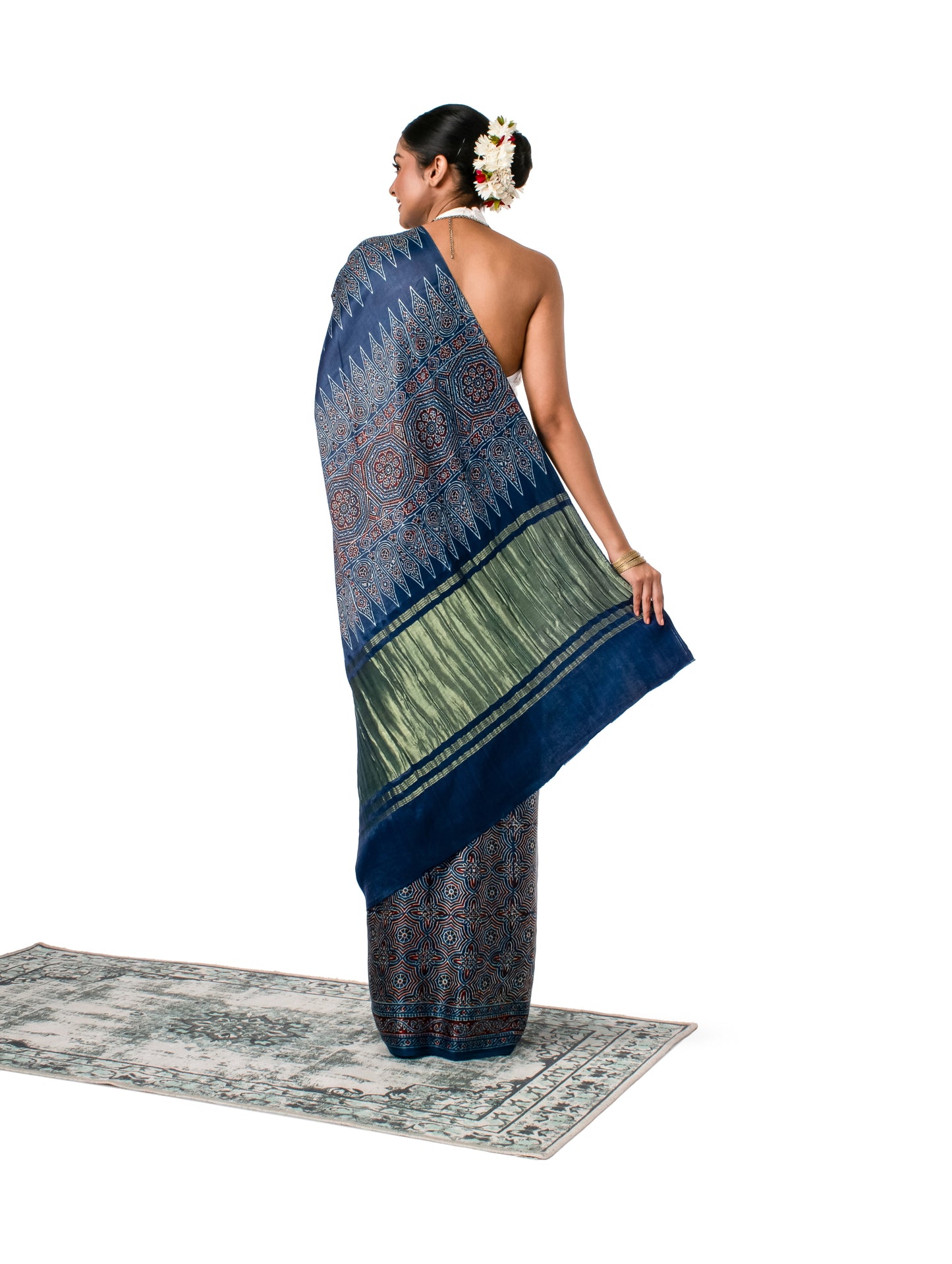 Ajrak Printed Gajji Silk Indigo Coloured Saree with Geometric Prints