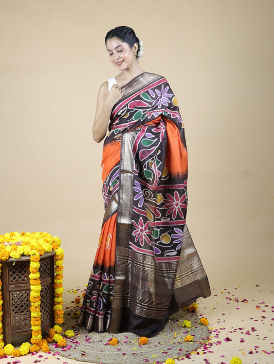 Orange and Brown Batik Print Maheshwari Silk Saree
