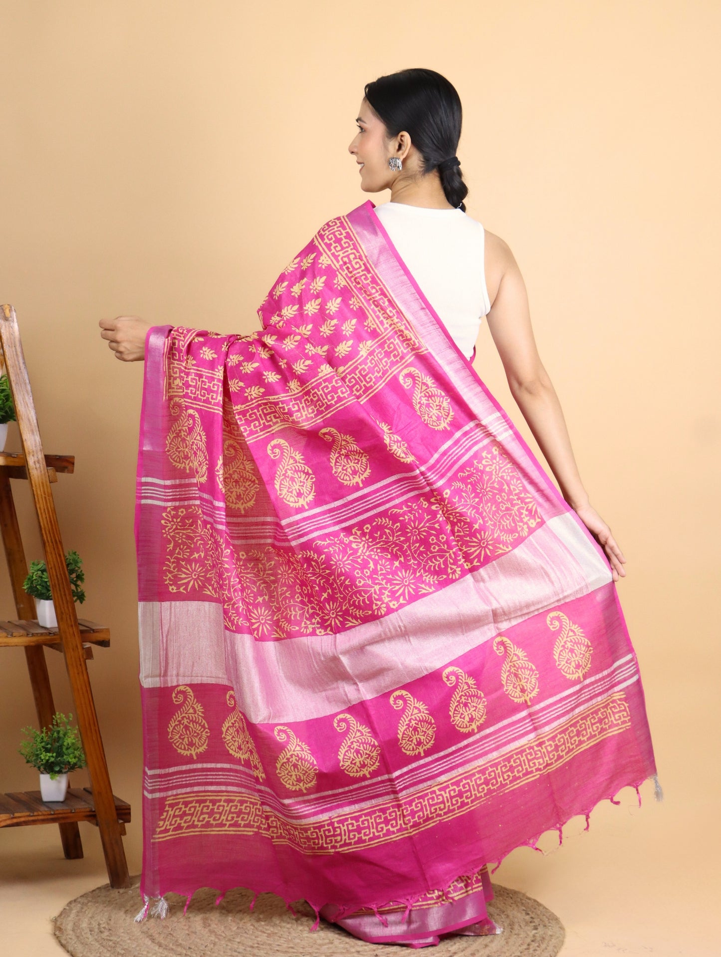 Pink Block Printed Cotton Linen Saree