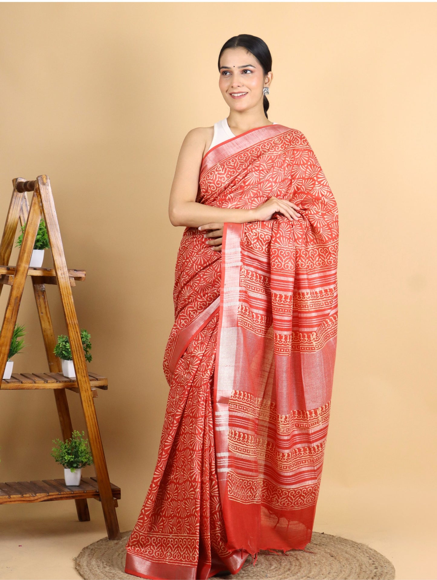 Orange Linen Block Printed Saree
