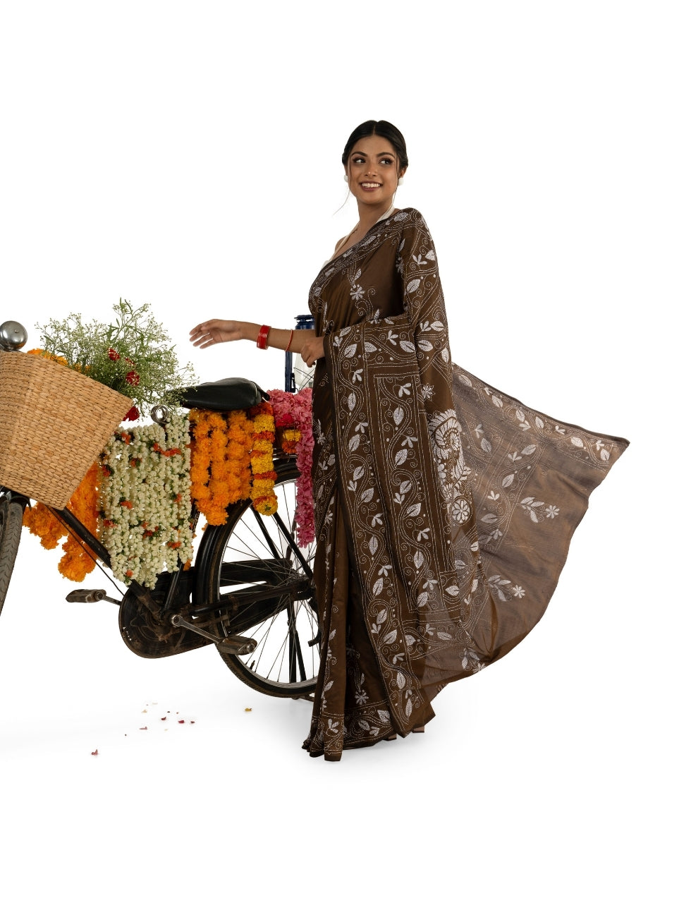 Coffee Brown Intricate Kantha Stitched Saree