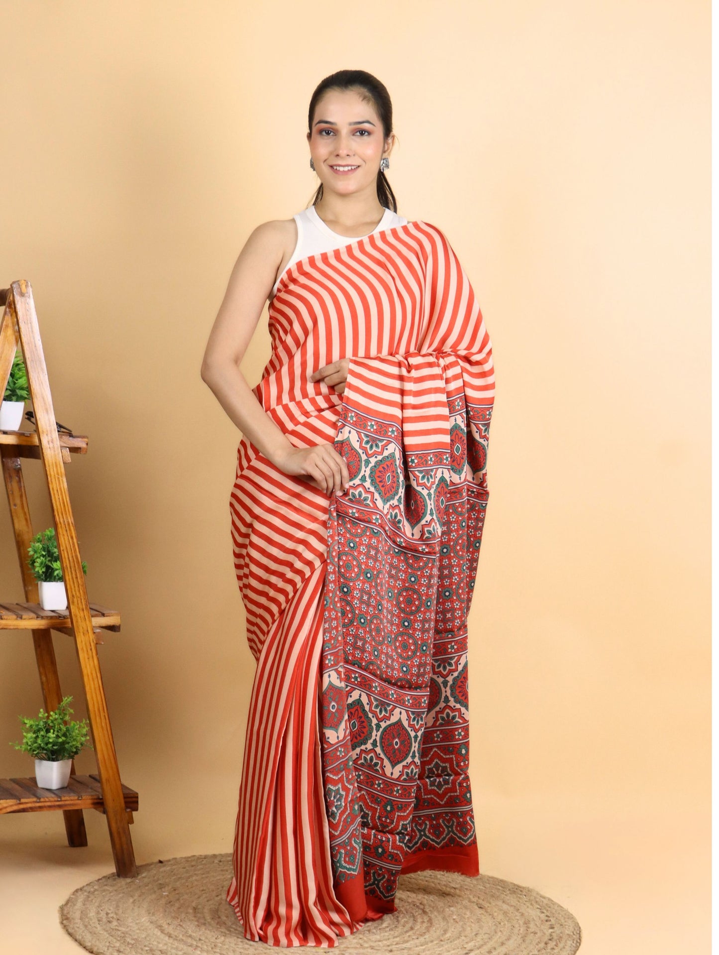 Orange Striped Ajrak Block Printed Modal Silk Saree