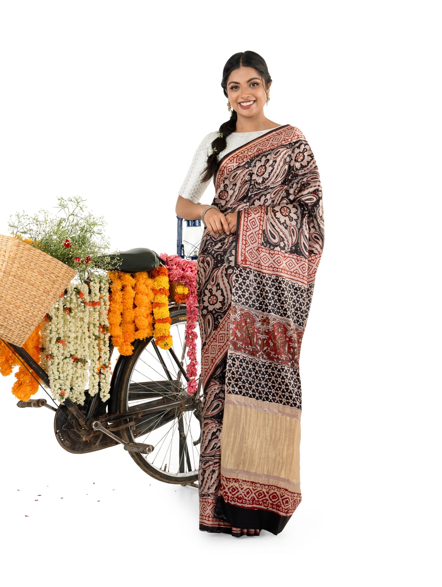 Beige and Black Gajji Silk Bagru Printed Saree
