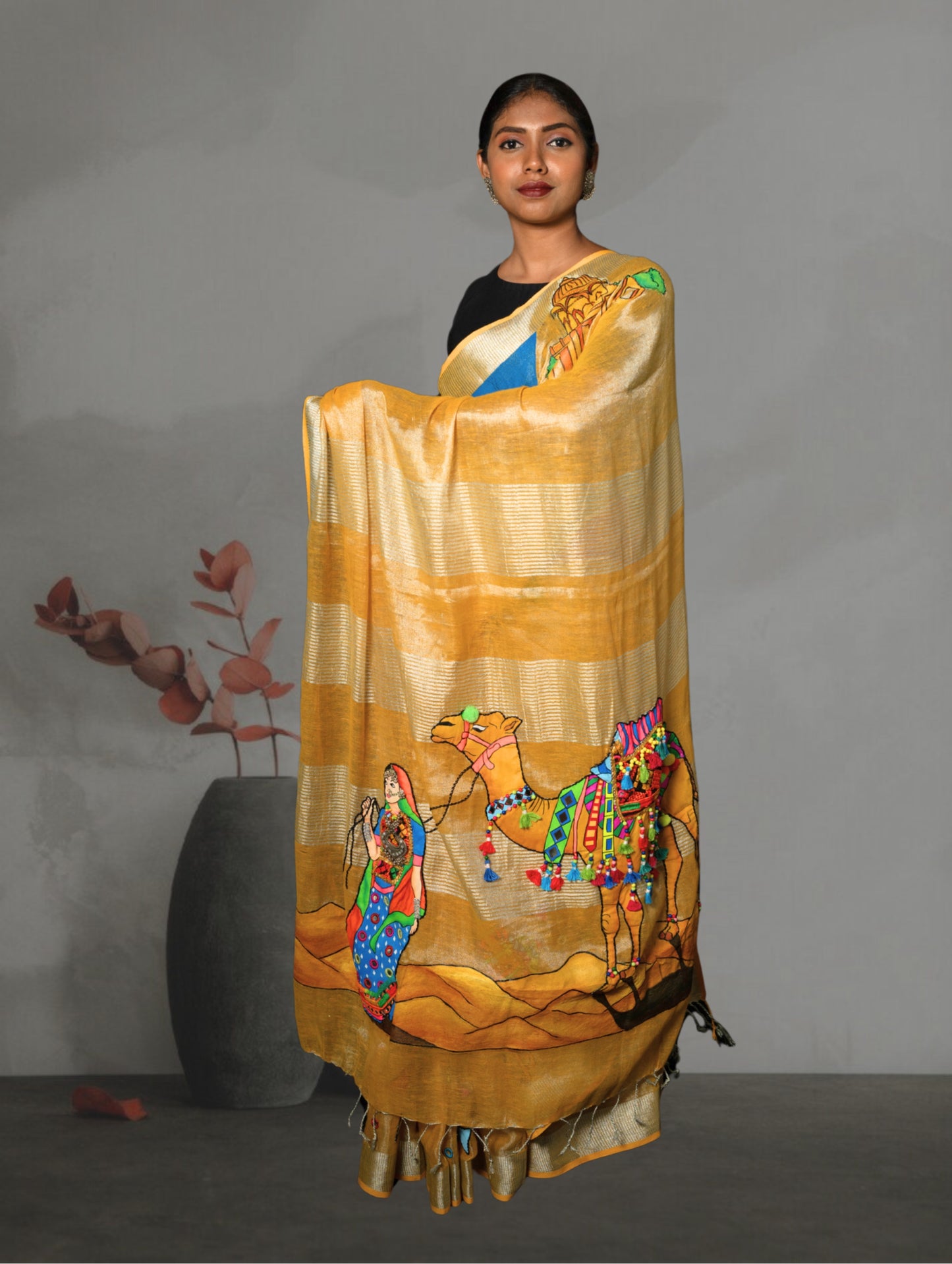 Yellow Linen Handpainted Saree with Applique work