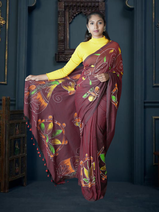 Maroon Handloom Handpainted Saree