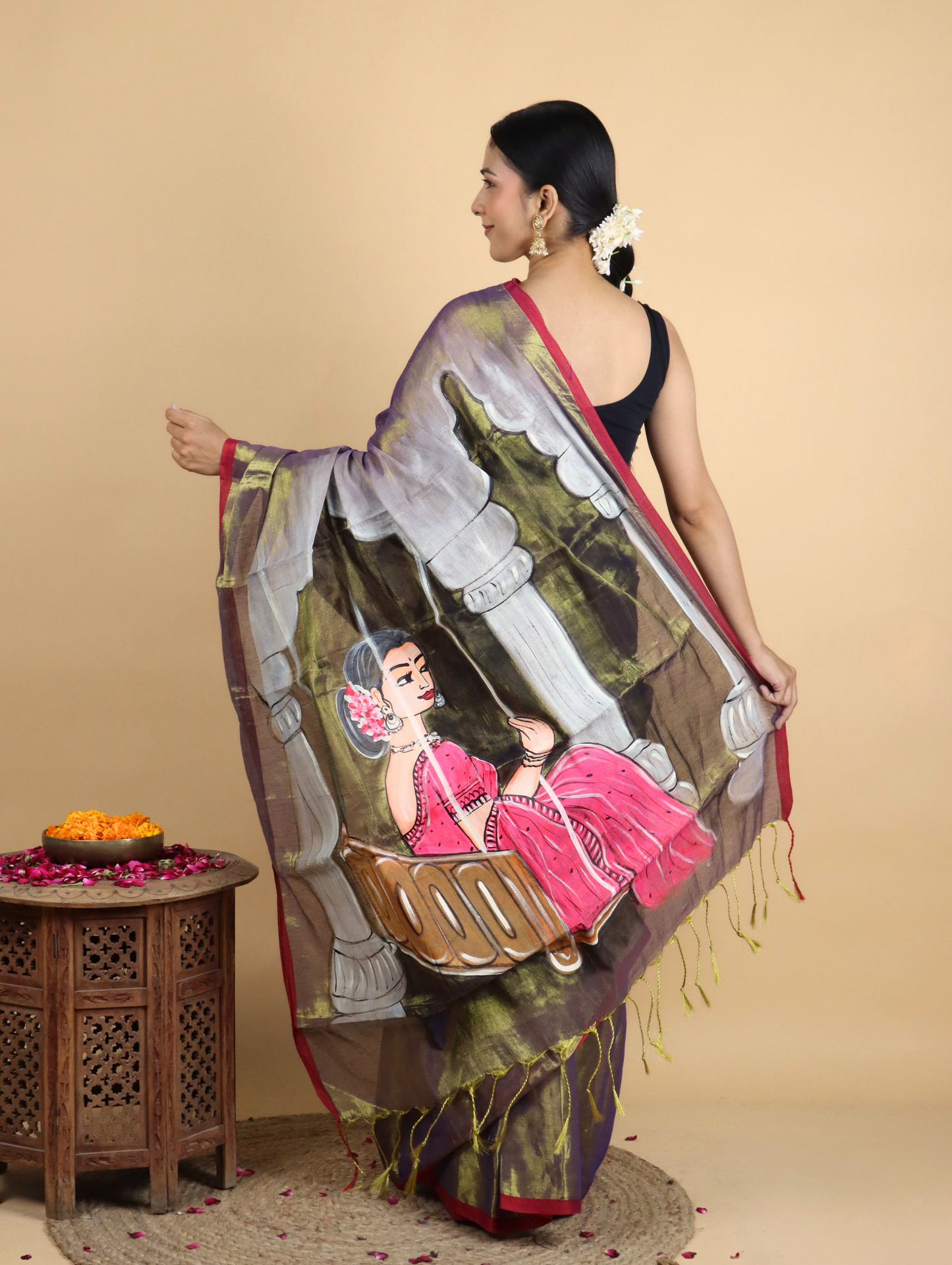 Raaga Golden Coloured Tissue Hand Painted Saree