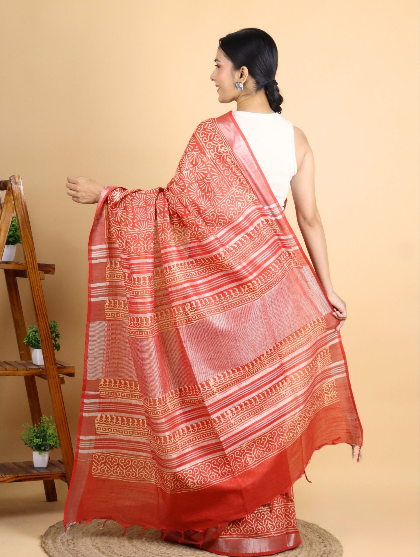 Orange Linen Block Printed Saree