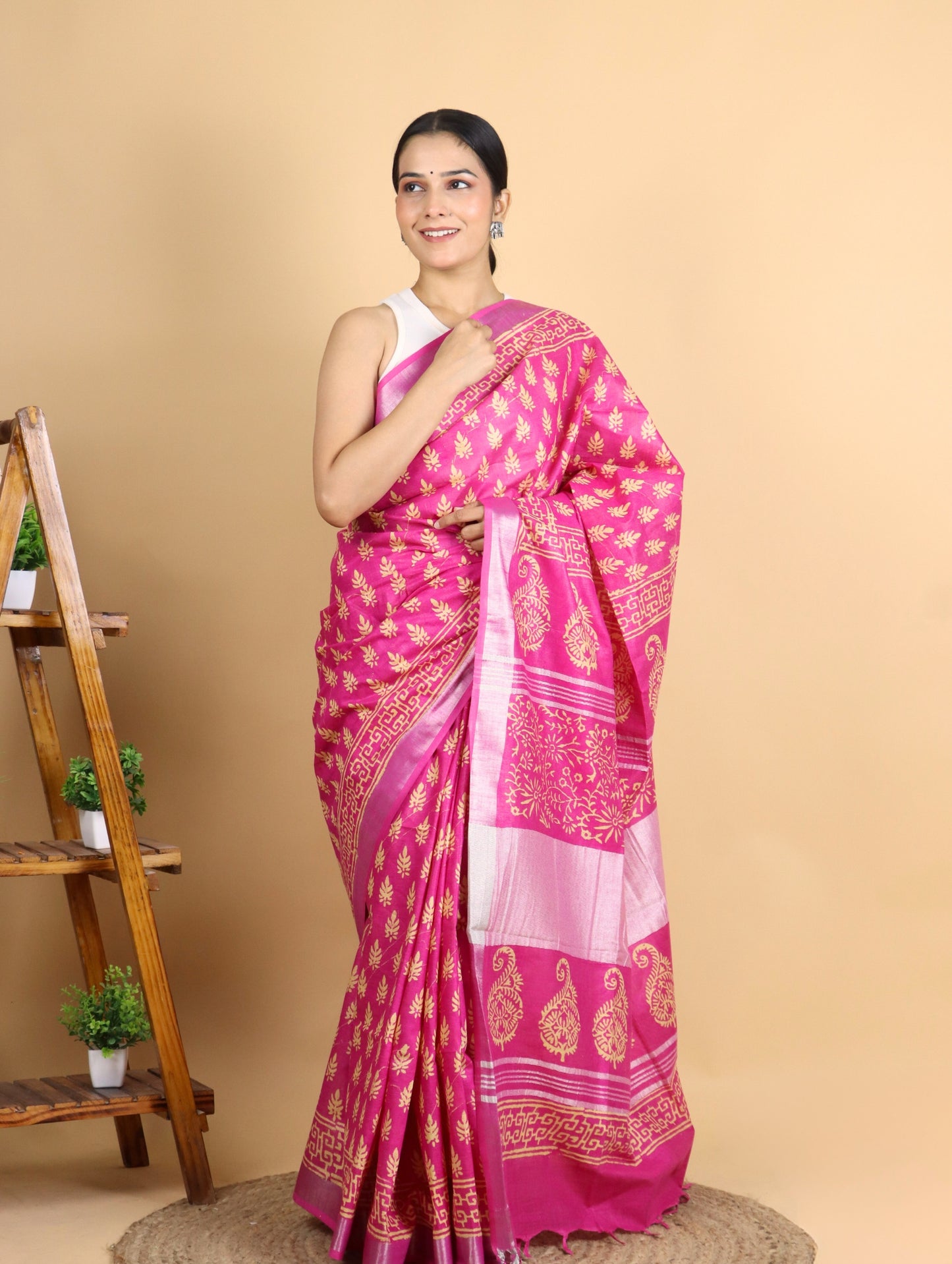 Pink Block Printed Cotton Linen Saree